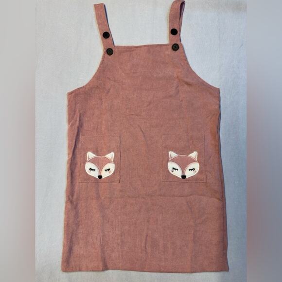 SHEIN Girls Dusty Rose Fox Embroidery Corduroy Pinafore Romper Dress Overalls - Picture 1 of 5
